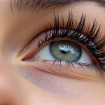 The image shows a pair of closed eyes with beautifully applied, natural-looking eyelash extensions.