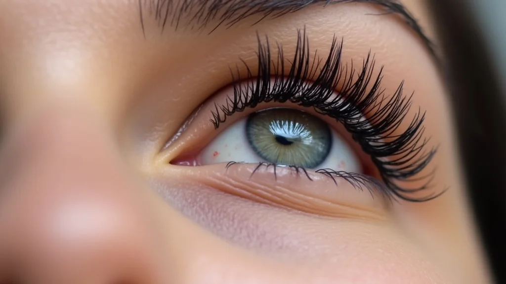 The image shows a pair of closed eyes with beautifully applied, natural-looking eyelash extensions.