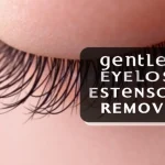 The image shows a gentle eyelash extension remover being carefully applied to lashes.