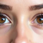 The image shows a person carefully applying a remover solution to eyelash extensions at home.