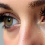 The image shows a person gently removing eyelash extensions at home using a safe removal solution.