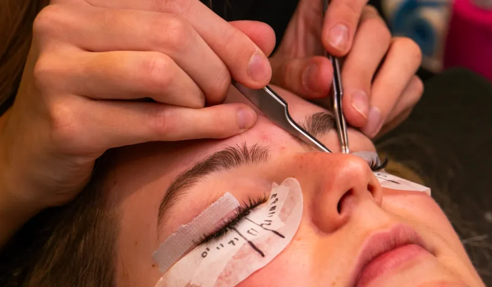 Lash technician applying eyelash extensions with tweezers